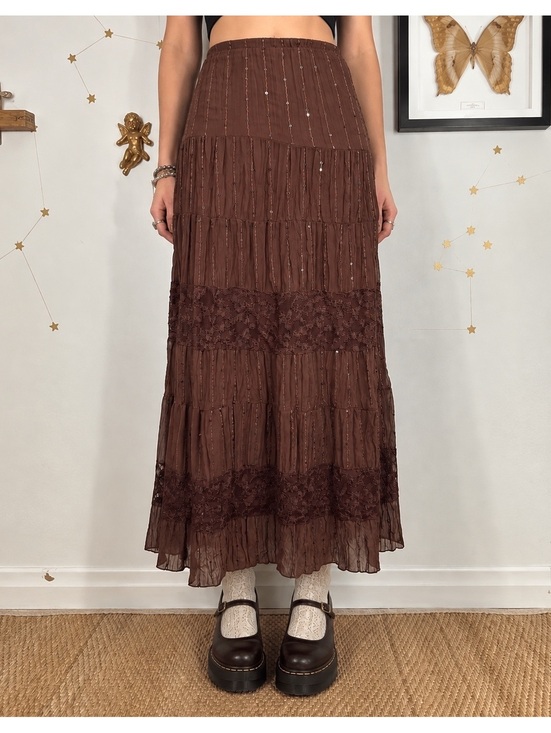 American Vintage Dresses & Skirts - Y2K brown lace sequin maxi skirt - Gypsy, fairy core
